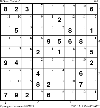 The grouppuzzles.com Difficult Sudoku puzzle for Wednesday September 4, 2024 with all 12 steps marked