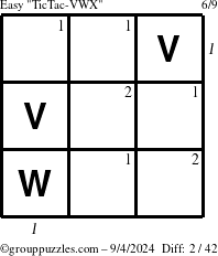 The grouppuzzles.com Easy TicTac-VWX puzzle for Wednesday September 4, 2024 with all 2 steps marked