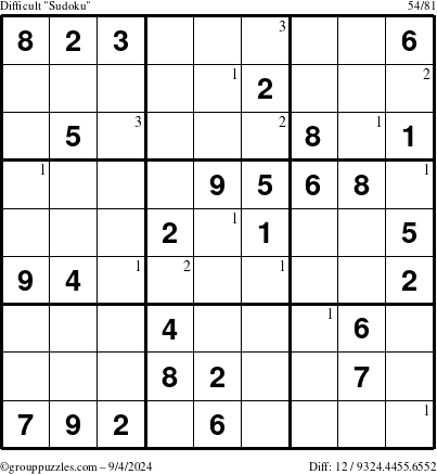 The grouppuzzles.com Difficult Sudoku puzzle for Wednesday September 4, 2024 with the first 3 steps marked