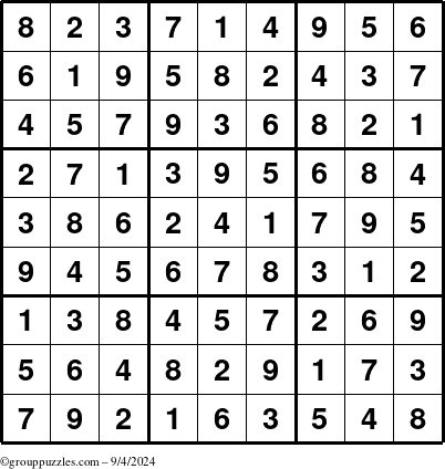 The grouppuzzles.com Answer grid for the Sudoku puzzle for Wednesday September 4, 2024