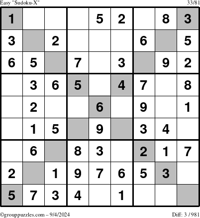 The grouppuzzles.com Easy Sudoku-X puzzle for Wednesday September 4, 2024