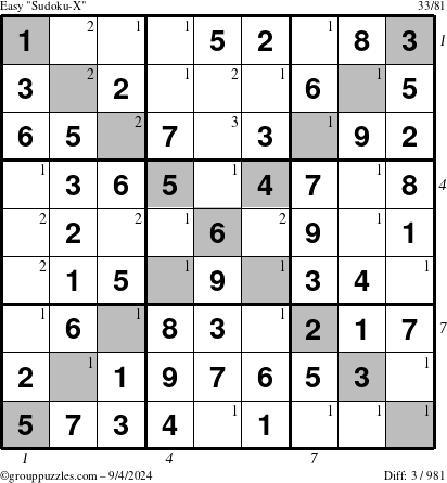 The grouppuzzles.com Easy Sudoku-X puzzle for Wednesday September 4, 2024 with all 3 steps marked