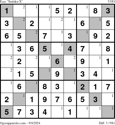 The grouppuzzles.com Easy Sudoku-X puzzle for Wednesday September 4, 2024 with the first 3 steps marked