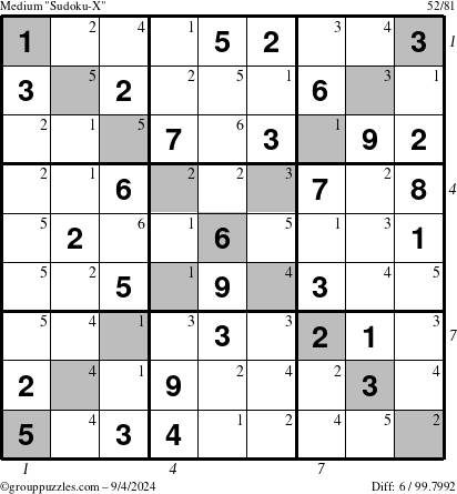 The grouppuzzles.com Medium Sudoku-X puzzle for Wednesday September 4, 2024 with all 6 steps marked