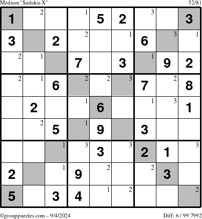 The grouppuzzles.com Medium Sudoku-X puzzle for Wednesday September 4, 2024 with the first 3 steps marked