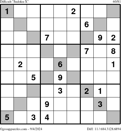 The grouppuzzles.com Difficult Sudoku-X puzzle for Wednesday September 4, 2024