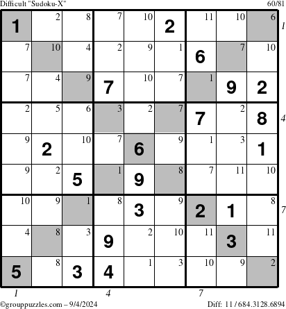 The grouppuzzles.com Difficult Sudoku-X puzzle for Wednesday September 4, 2024 with all 11 steps marked