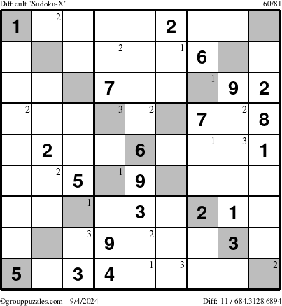 The grouppuzzles.com Difficult Sudoku-X puzzle for Wednesday September 4, 2024 with the first 3 steps marked