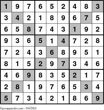 The grouppuzzles.com Answer grid for the Sudoku-X puzzle for Wednesday September 4, 2024