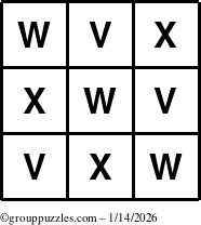 The grouppuzzles.com Answer grid for the TicTac-VWX puzzle for Wednesday January 14, 2026