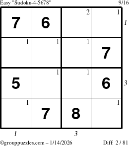 The grouppuzzles.com Easy Sudoku-4-5678 puzzle for Wednesday January 14, 2026, suitable for printing, with all 2 steps marked