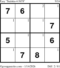 The grouppuzzles.com Easy Sudoku-4-5678 puzzle for Wednesday January 14, 2026 with the first 2 steps marked