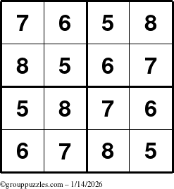 The grouppuzzles.com Answer grid for the Sudoku-4-5678 puzzle for Wednesday January 14, 2026