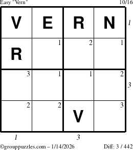 The grouppuzzles.com Easy Vern puzzle for Wednesday January 14, 2026 with all 3 steps marked