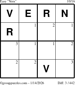 The grouppuzzles.com Easy Vern puzzle for Wednesday January 14, 2026 with the first 3 steps marked