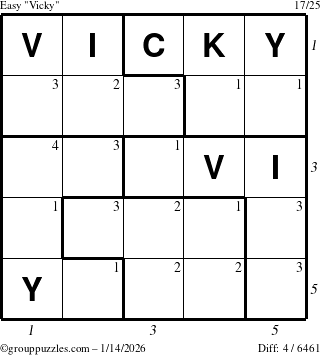 The grouppuzzles.com Easy Vicky puzzle for Wednesday January 14, 2026, suitable for printing, with all 4 steps marked