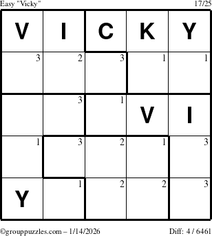 The grouppuzzles.com Easy Vicky puzzle for Wednesday January 14, 2026 with the first 3 steps marked