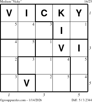 The grouppuzzles.com Medium Vicky puzzle for Wednesday January 14, 2026 with all 5 steps marked