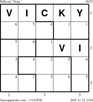 The grouppuzzles.com Difficult Vicky puzzle for Wednesday January 14, 2026, suitable for printing, with all 6 steps marked