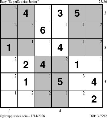 The grouppuzzles.com Easy SuperSudoku-Junior puzzle for Wednesday January 14, 2026 with all 3 steps marked