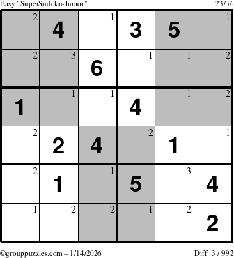 The grouppuzzles.com Easy SuperSudoku-Junior puzzle for Wednesday January 14, 2026 with the first 3 steps marked
