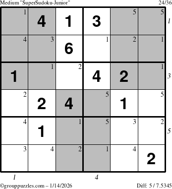 The grouppuzzles.com Medium SuperSudoku-Junior puzzle for Wednesday January 14, 2026 with all 5 steps marked