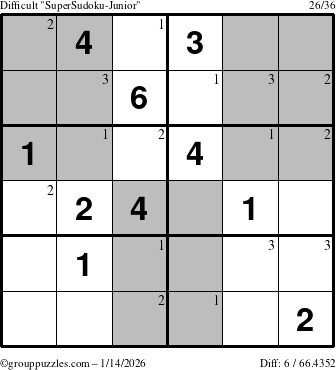The grouppuzzles.com Difficult SuperSudoku-Junior puzzle for Wednesday January 14, 2026 with the first 3 steps marked
