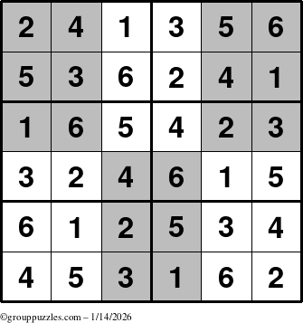 The grouppuzzles.com Answer grid for the SuperSudoku-Junior puzzle for Wednesday January 14, 2026