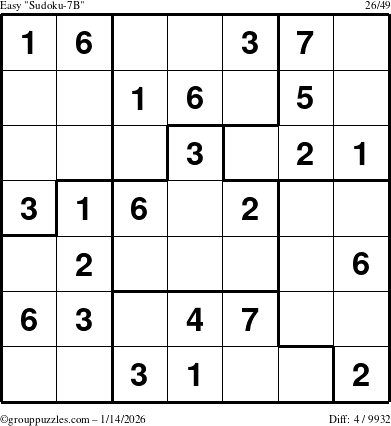The grouppuzzles.com Easy Sudoku-7B puzzle for Wednesday January 14, 2026