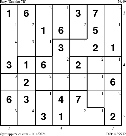 The grouppuzzles.com Easy Sudoku-7B puzzle for Wednesday January 14, 2026, suitable for printing, with all 4 steps marked