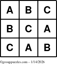 The grouppuzzles.com Answer grid for the TicTac-ABC puzzle for Wednesday January 14, 2026