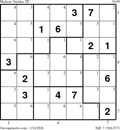 The grouppuzzles.com Medium Sudoku-7B puzzle for Wednesday January 14, 2026, suitable for printing, with all 7 steps marked