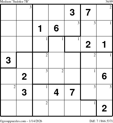 The grouppuzzles.com Medium Sudoku-7B puzzle for Wednesday January 14, 2026 with the first 3 steps marked