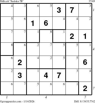 The grouppuzzles.com Difficult Sudoku-7B puzzle for Wednesday January 14, 2026, suitable for printing, with all 8 steps marked