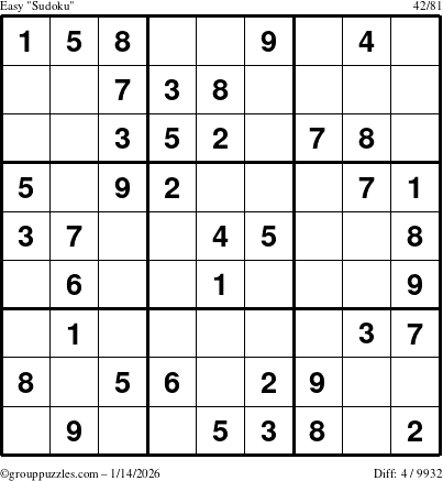 The grouppuzzles.com Easy Sudoku puzzle for Wednesday January 14, 2026