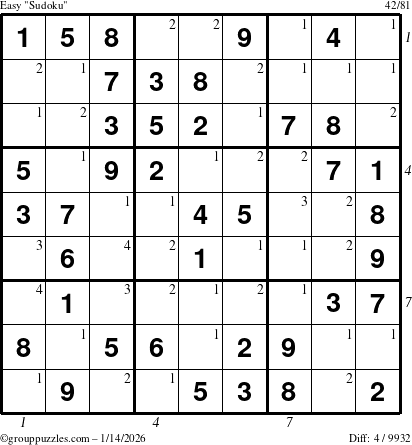 The grouppuzzles.com Easy Sudoku puzzle for Wednesday January 14, 2026, suitable for printing, with all 4 steps marked