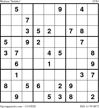 The grouppuzzles.com Medium Sudoku puzzle for Wednesday January 14, 2026