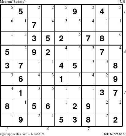 The grouppuzzles.com Medium Sudoku puzzle for Wednesday January 14, 2026 with all 6 steps marked