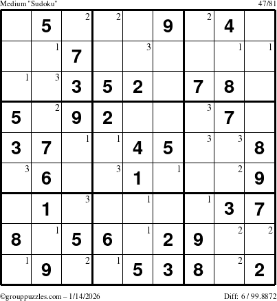 The grouppuzzles.com Medium Sudoku puzzle for Wednesday January 14, 2026 with the first 3 steps marked