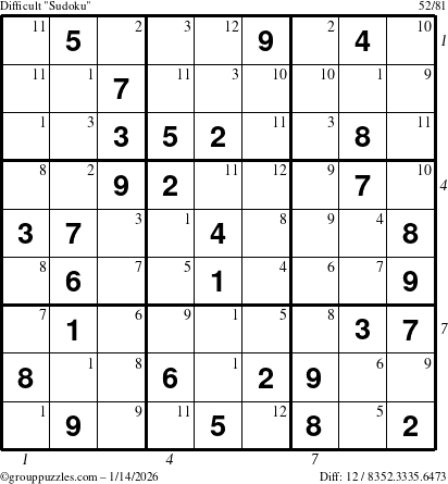 The grouppuzzles.com Difficult Sudoku puzzle for Wednesday January 14, 2026 with all 12 steps marked