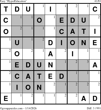 The grouppuzzles.com Easy HyperEducation-i23 puzzle for Wednesday January 14, 2026 with the first 3 steps marked