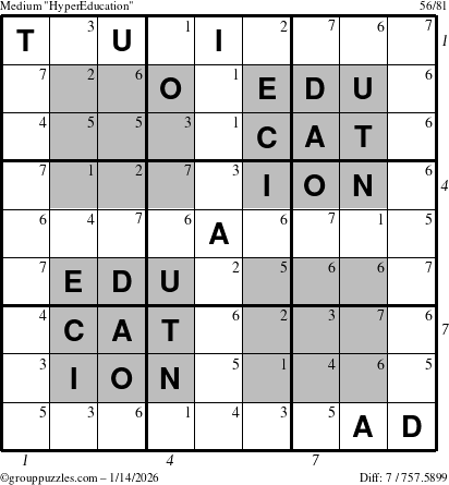 The grouppuzzles.com Medium HyperEducation-i23 puzzle for Wednesday January 14, 2026, suitable for printing, with all 7 steps marked