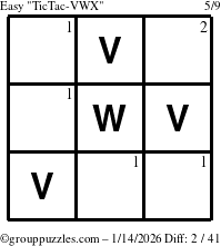 The grouppuzzles.com Easy TicTac-VWX puzzle for Wednesday January 14, 2026 with the first 2 steps marked