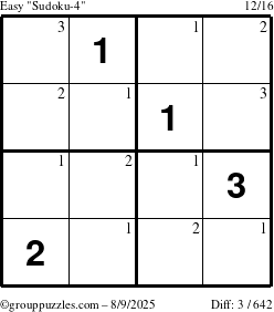 The grouppuzzles.com Easy Sudoku-4 puzzle for Saturday August 9, 2025 with the first 3 steps marked