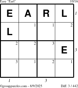 The grouppuzzles.com Easy Earl puzzle for Saturday August 9, 2025 with all 3 steps marked