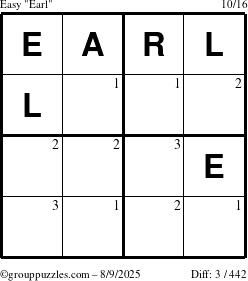The grouppuzzles.com Easy Earl puzzle for Saturday August 9, 2025 with the first 3 steps marked