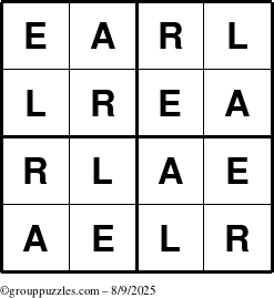 The grouppuzzles.com Answer grid for the Earl puzzle for Saturday August 9, 2025