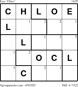 The grouppuzzles.com Easy Chloe puzzle for Saturday August 9, 2025 with the first 3 steps marked
