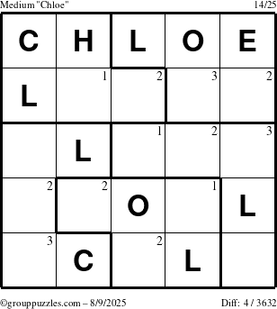 The grouppuzzles.com Medium Chloe puzzle for Saturday August 9, 2025 with the first 3 steps marked