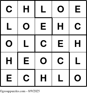 The grouppuzzles.com Answer grid for the Chloe puzzle for Saturday August 9, 2025